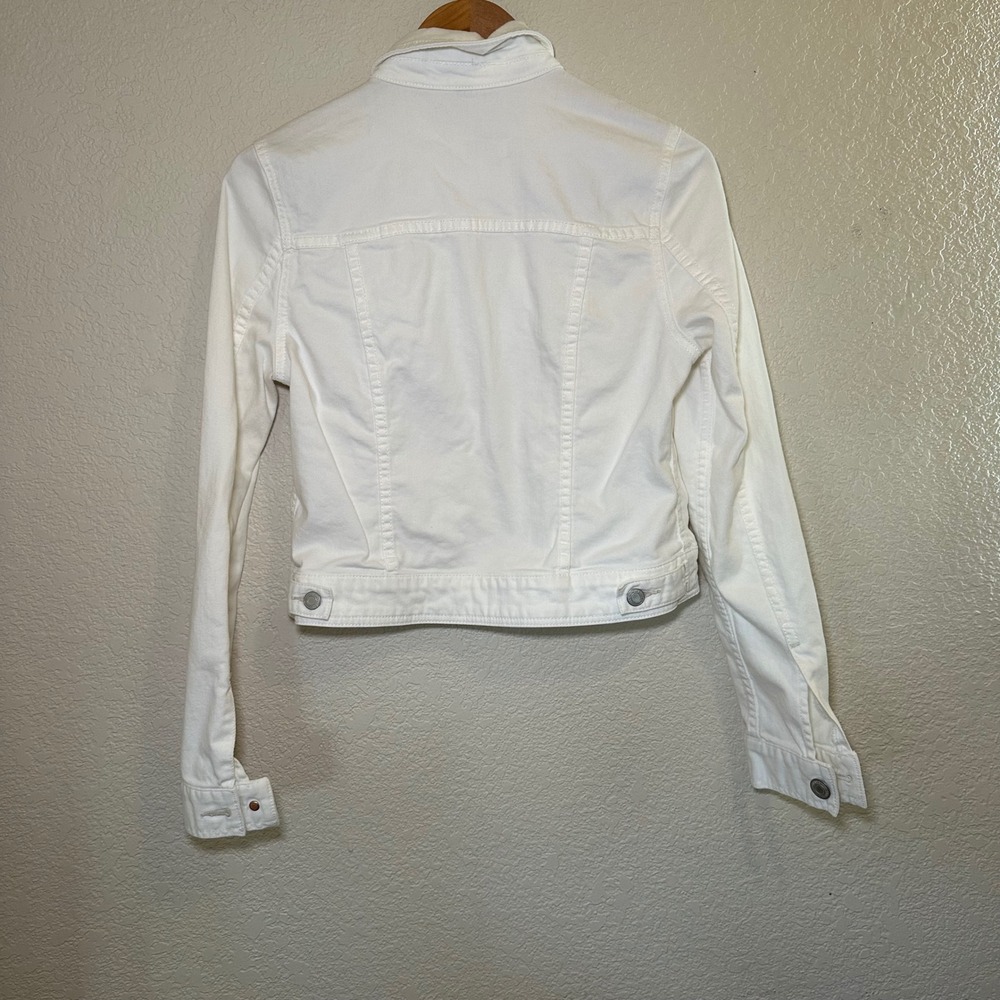American Eagle Womens M Denim Jacket White Cropped Trucker Stretch Casual Spring - Picture 5 of 5